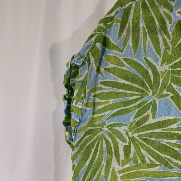 Sigrid Olsen 100% Linen Blouse Women's Large Green Blue Floral Button Up Short S - Picture 5 of 7
